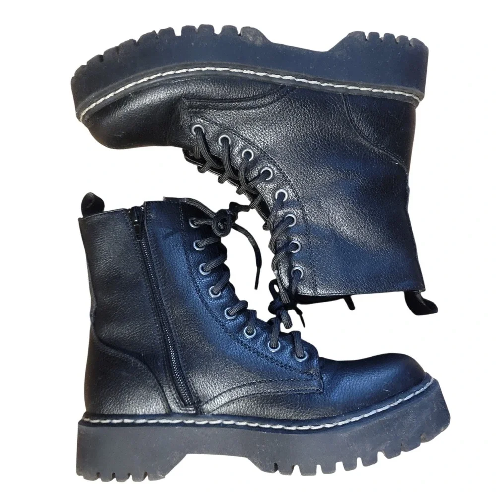 Sincerely Jules Harley 2 Black Leather Ankle Combat Boots Lace/Zip Up‎ Sz 7M - Picture 7 of 10